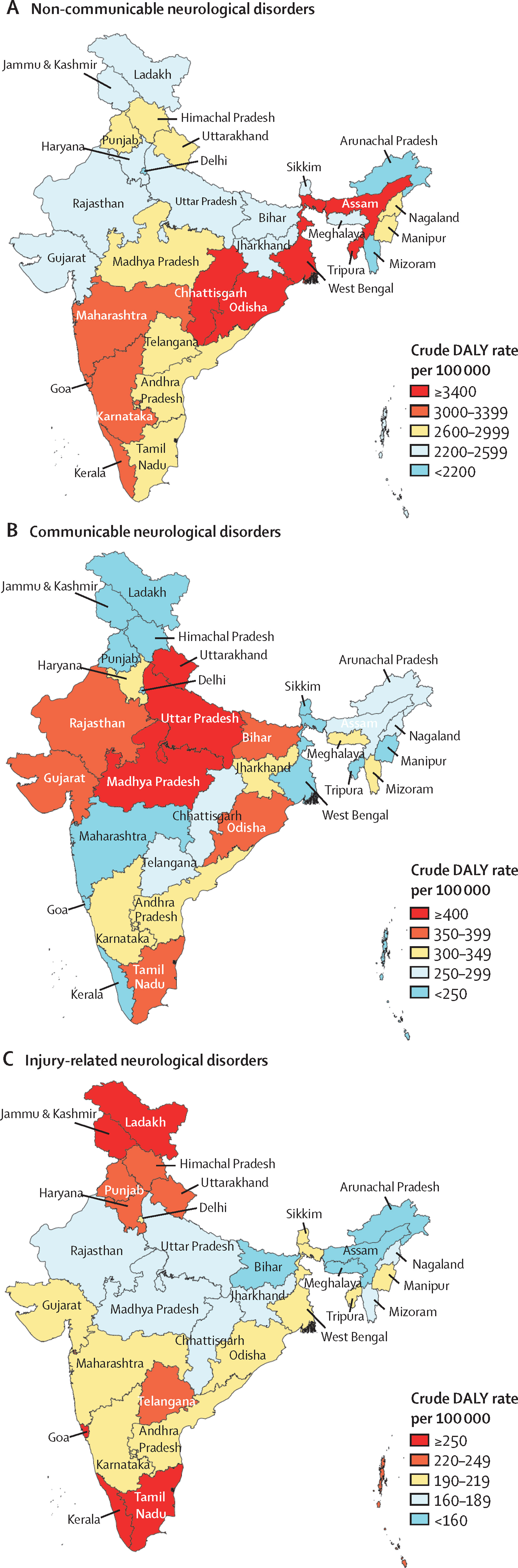 Crude DALY rates of non-communicable, communicable, and injury-related neurological disorders in the states of India, 2019.