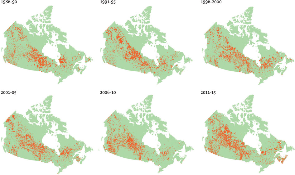 Area of forest burned in Canada from 1986 to 2015. Orange colour shows burned area.