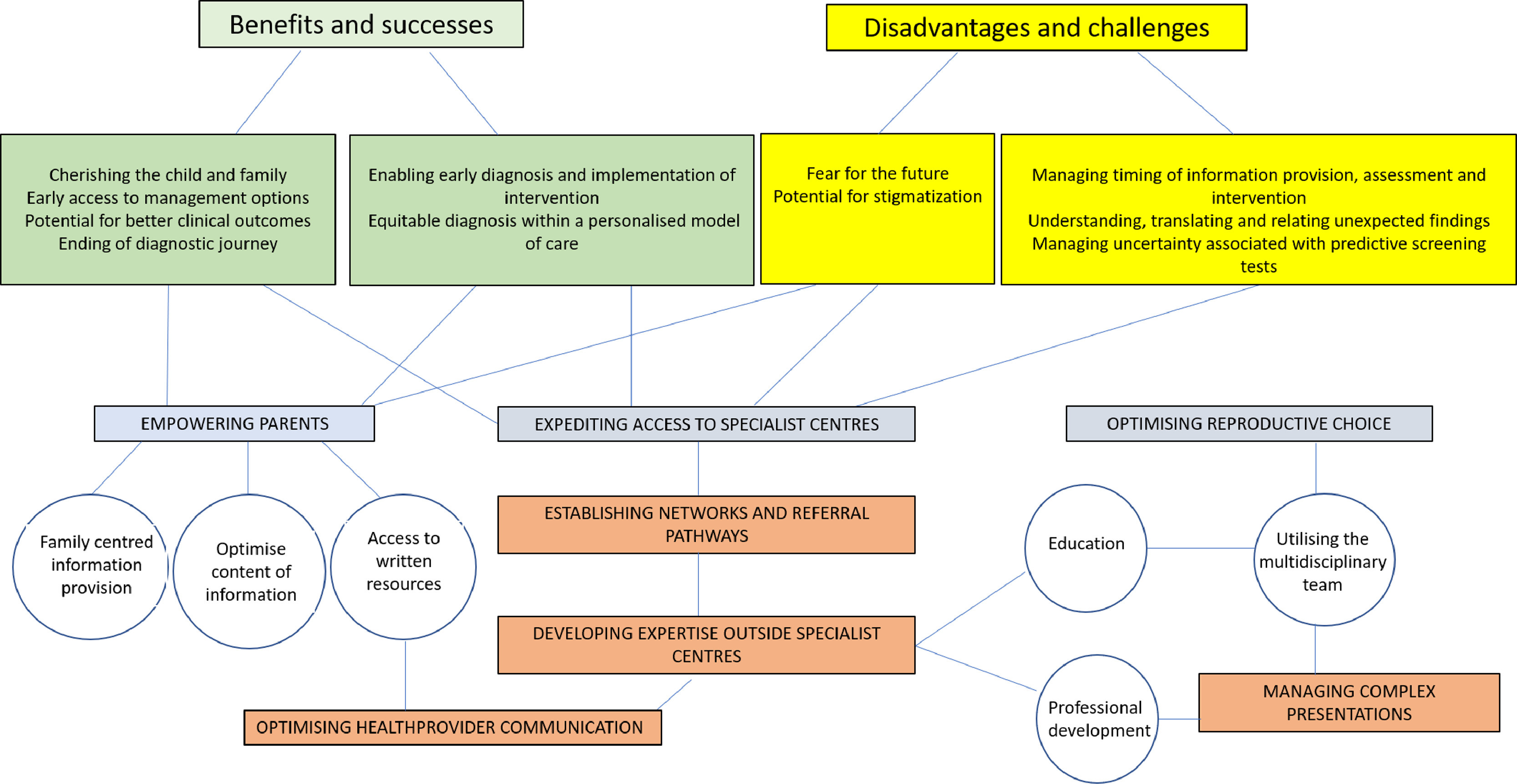 A thematic map displaying the interactions between perceptions and recommendations for parents’ and healthcare professionals involved in the newborn screening program for spinal muscular atrophy.