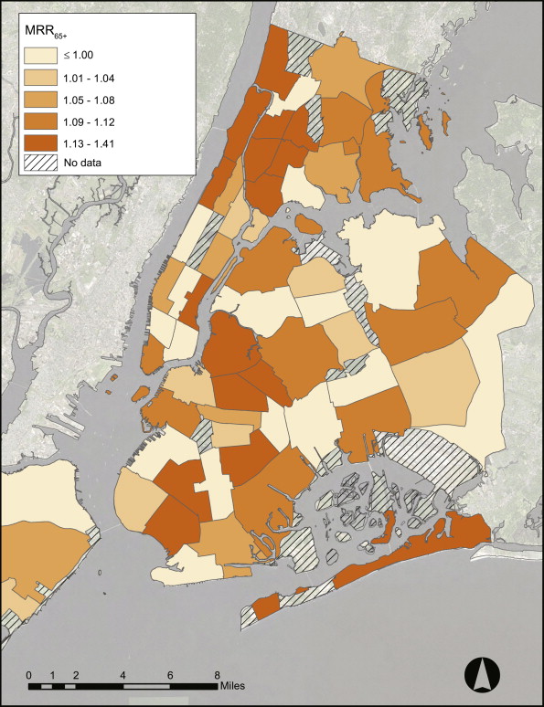 Mortality Rate Ratios for seniors age 65 and older (MRR65+) by New York City Community District (n=59). The MRR65+ compares mortality rates during very hot days (maximum heat index=100 °F+) to all May through September days, 1997–2006.