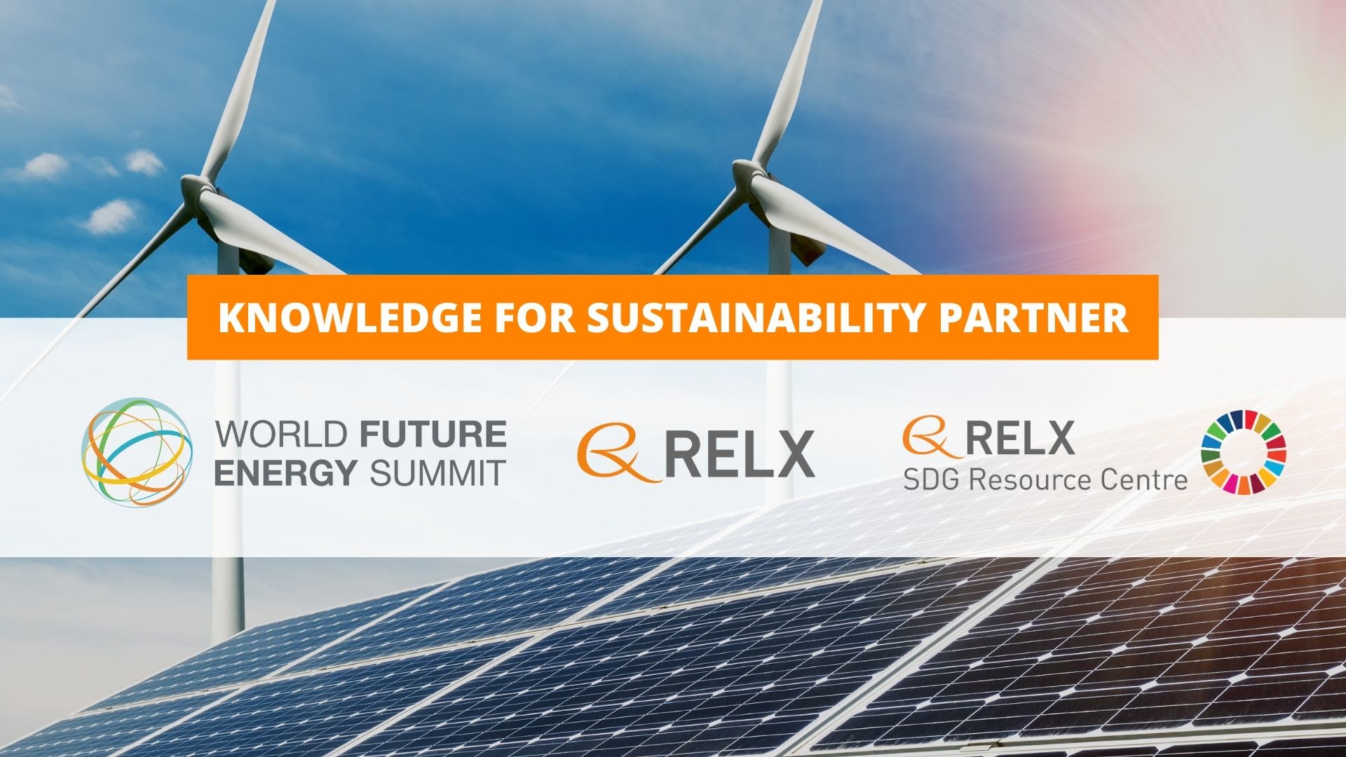 Image of solar panels and wind turbines with World Future Energy Summit and RELX SDG Resource Centre logosnd