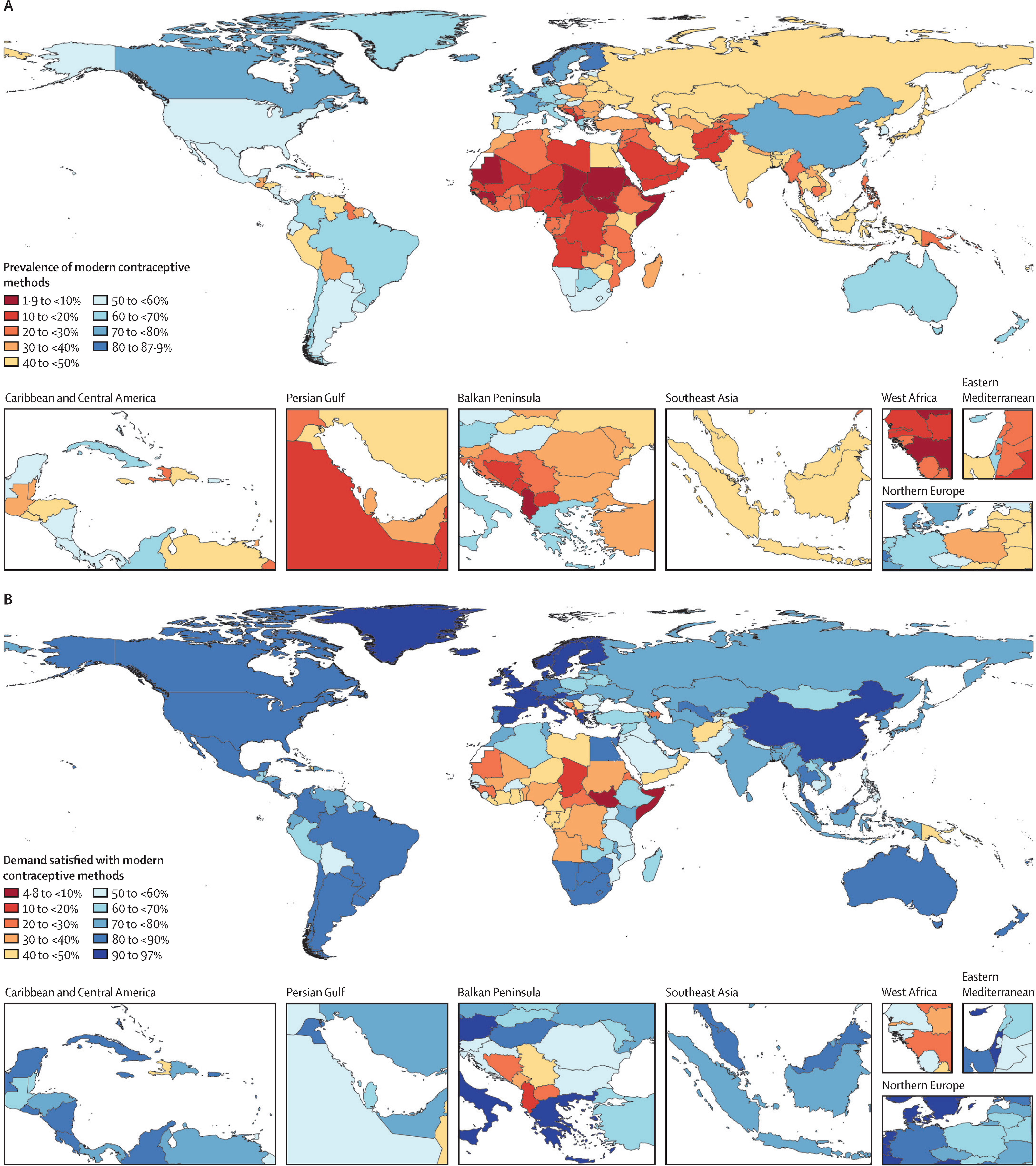 Figure 1. Prevalence of modern contraceptive methods among women of reproductive age (15–49 years) and demand satisfied with modern contraceptive methods by location, 2019