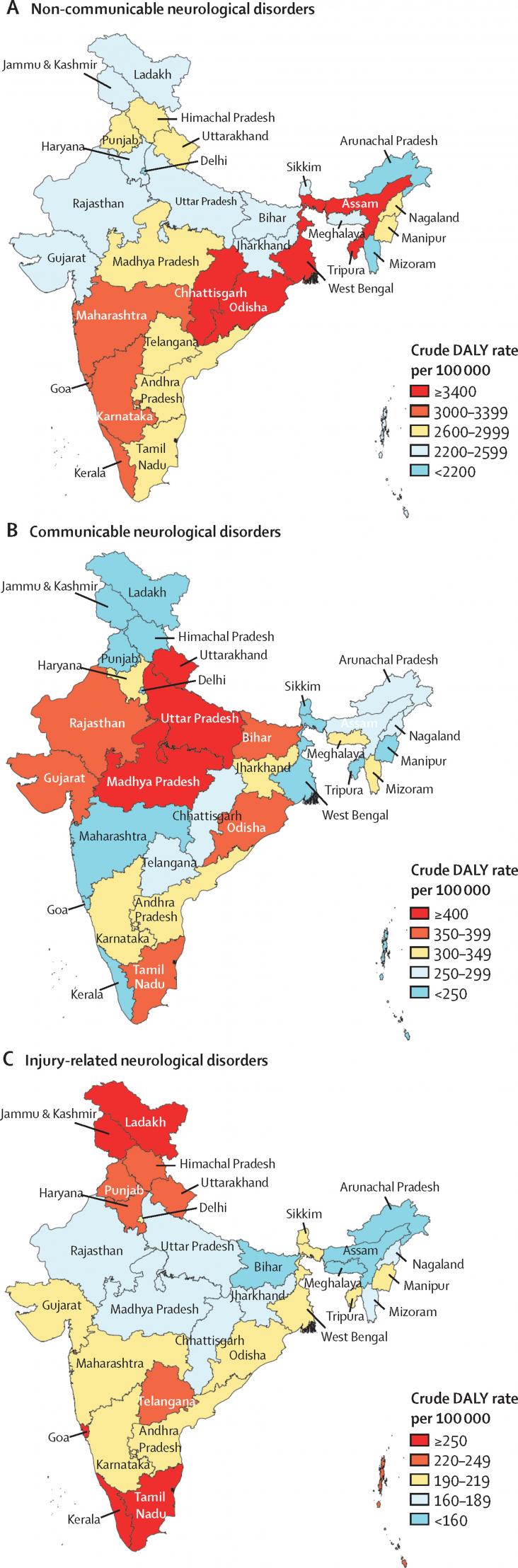 Crude DALY rates of non-communicable, communicable, and injury-related neurological disorders in the states of India, 2019.