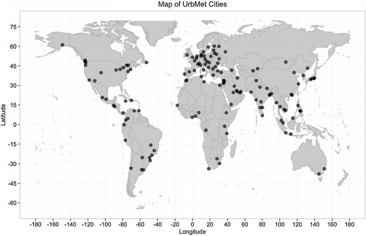 World map of the 142 cities in the UrbMet database.