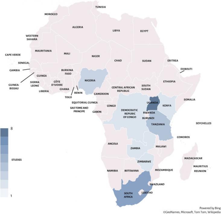 A map showing the countries covered in the review: Uganda, South Africa, Nigeria, Tanzania, Democratic Republic of Congo, Kenya, Zambia and Zimbabwe