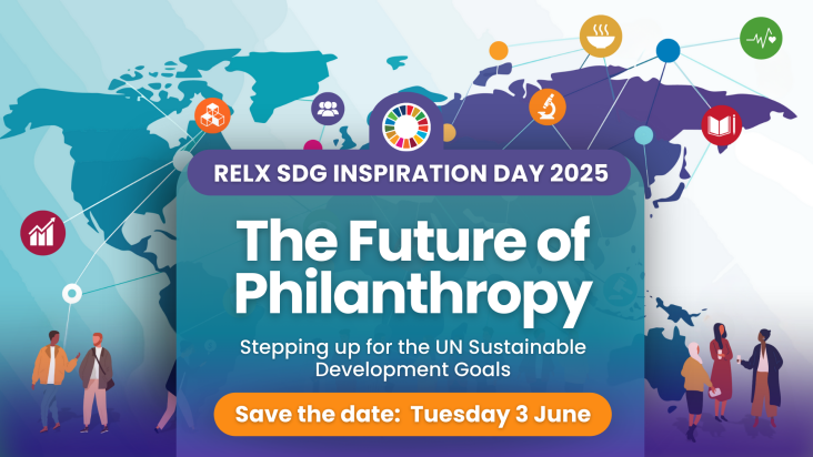Image of world map with SDG icons and people. Title of RELX SDG Inspiration Day 2025 - Future of Philanthropy: Stepping up for the UN Sustainable Development Goals
