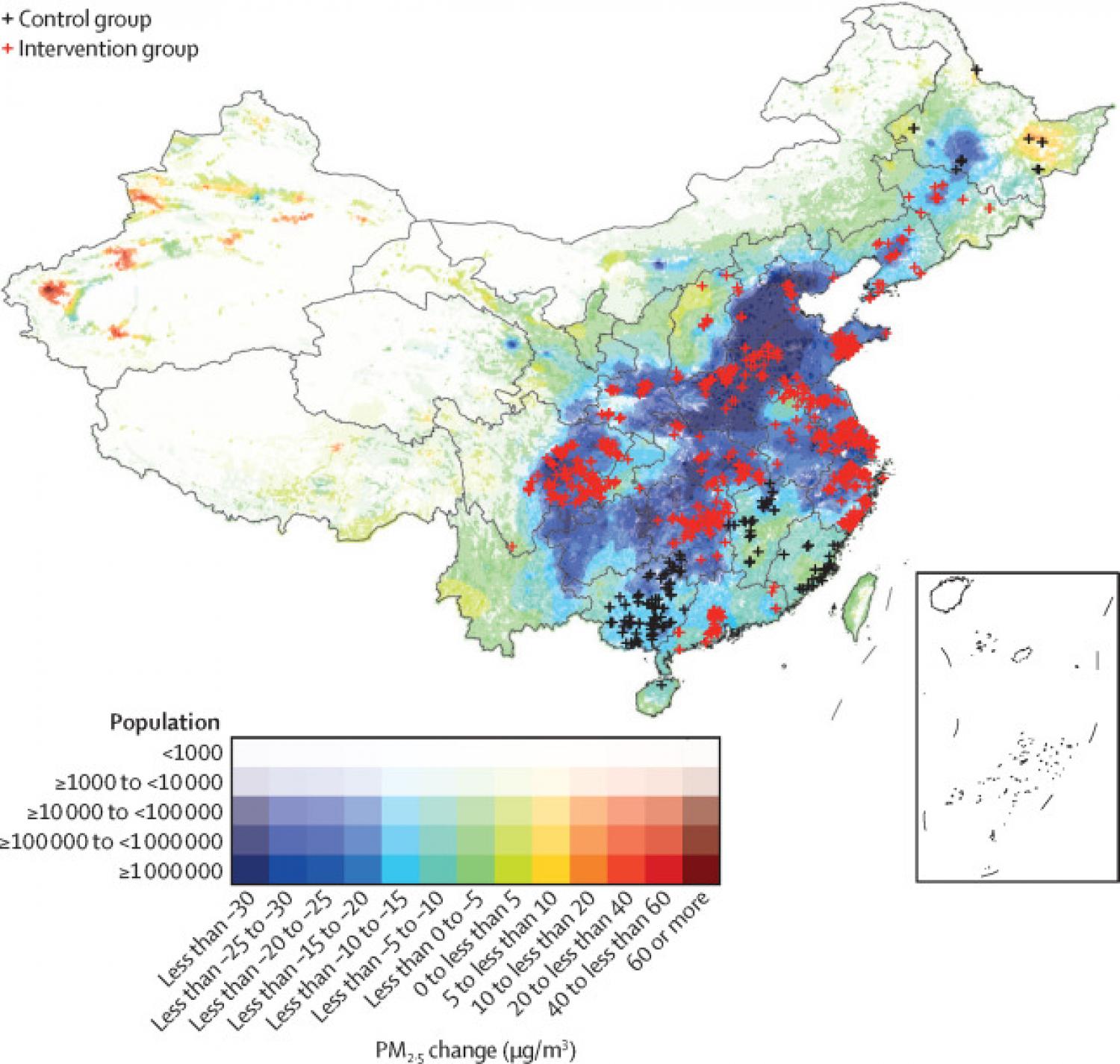 Map of study areas with changes in annual mean of PM2·5 from 2014 to 2017