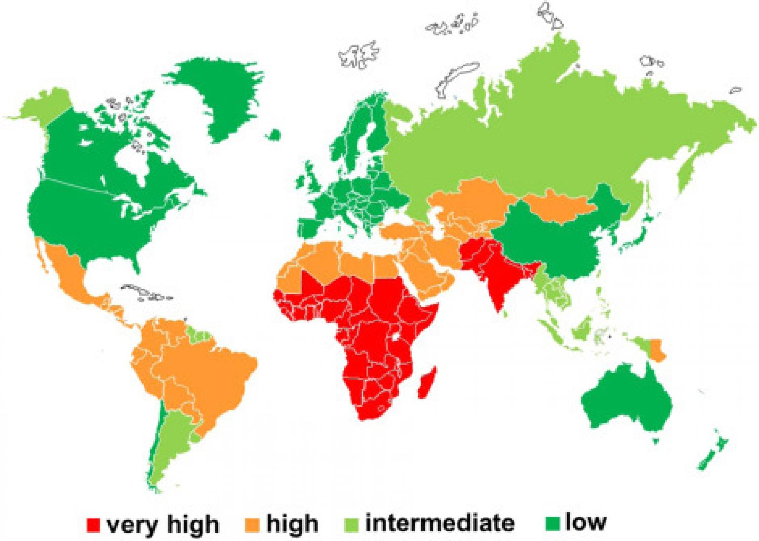 Fig. 1. Geographic distribution of HAV infections. HAV: colors represent different endemic patterns based on the age at which 50% of the population is HAV IgG positive [red: very highly endemic (< 5 years); orange: highly endemic (5–14 years); light green Fig. 1. Geographic distribution of HAV infections. HAV: colors represent different endemic patterns based on the age at which 50% of the population is HAV IgG positive [red: very highly endemic (< 5 years); orange: highly endemic (5–14 years); light green