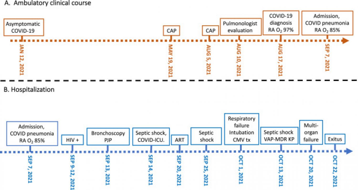 Time line of the clinical course. (A) Course before admission, (B) course from admission to death. Time line of the clinical course. (A) Course before admission, (B) course from admission to death.