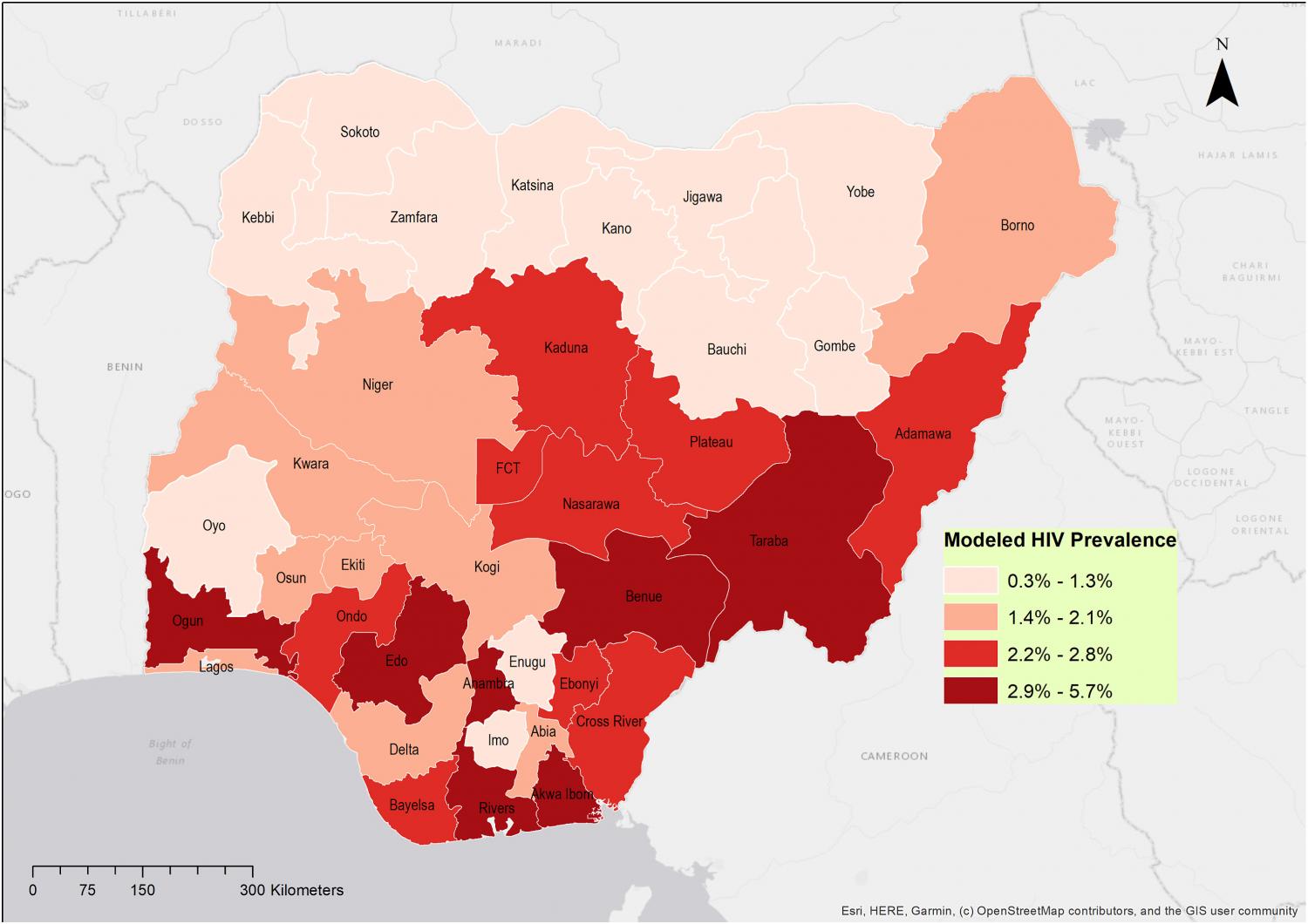 Choropleth map displaying HIV Prevalence spread across Nigeria.