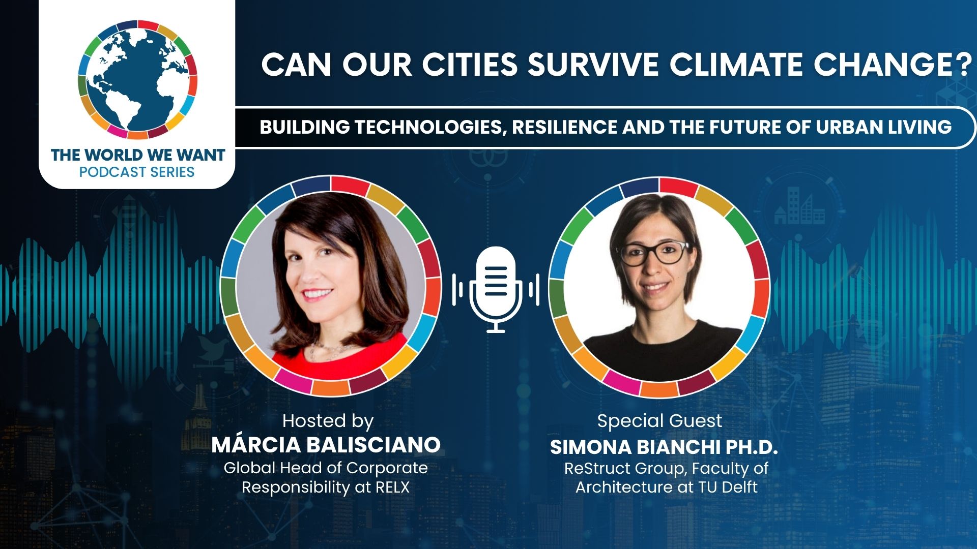 Image of podcast host and guest against a blue background with World We Want podcast logo