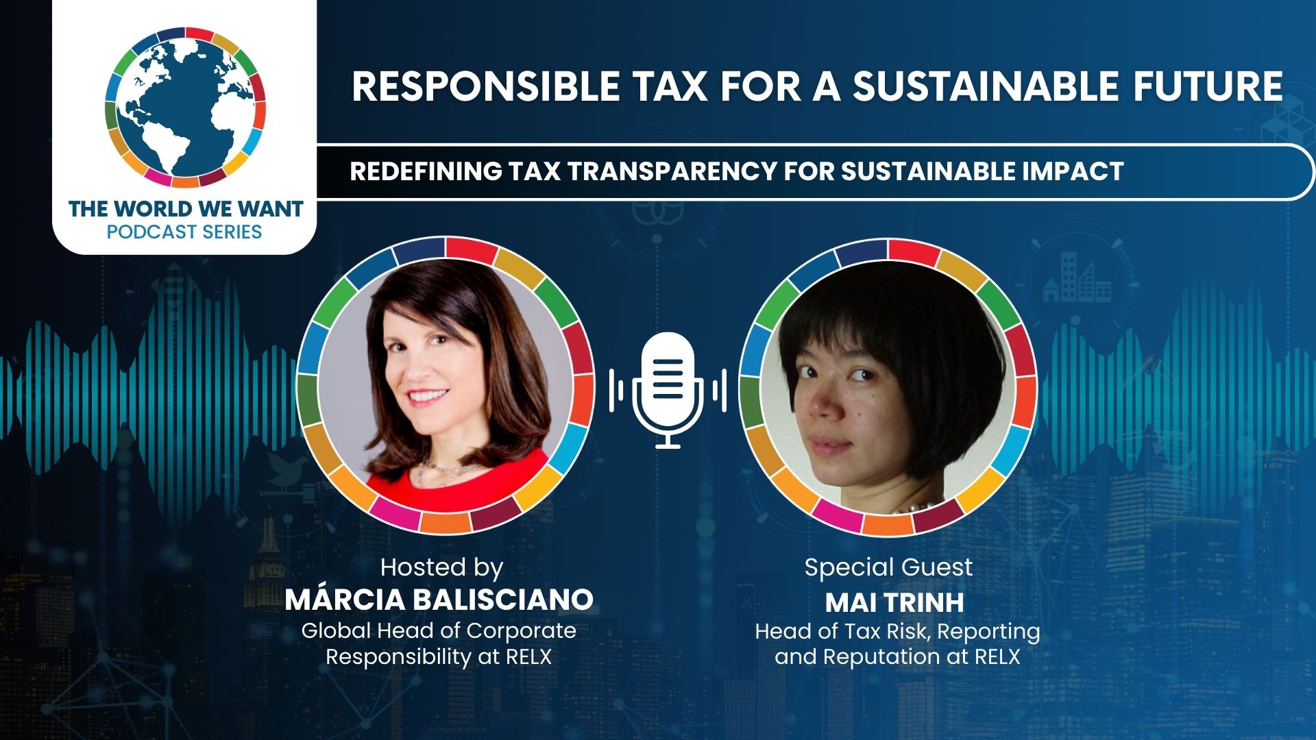 Image of podcast host and guest against blue background with World We Want podcast series logo