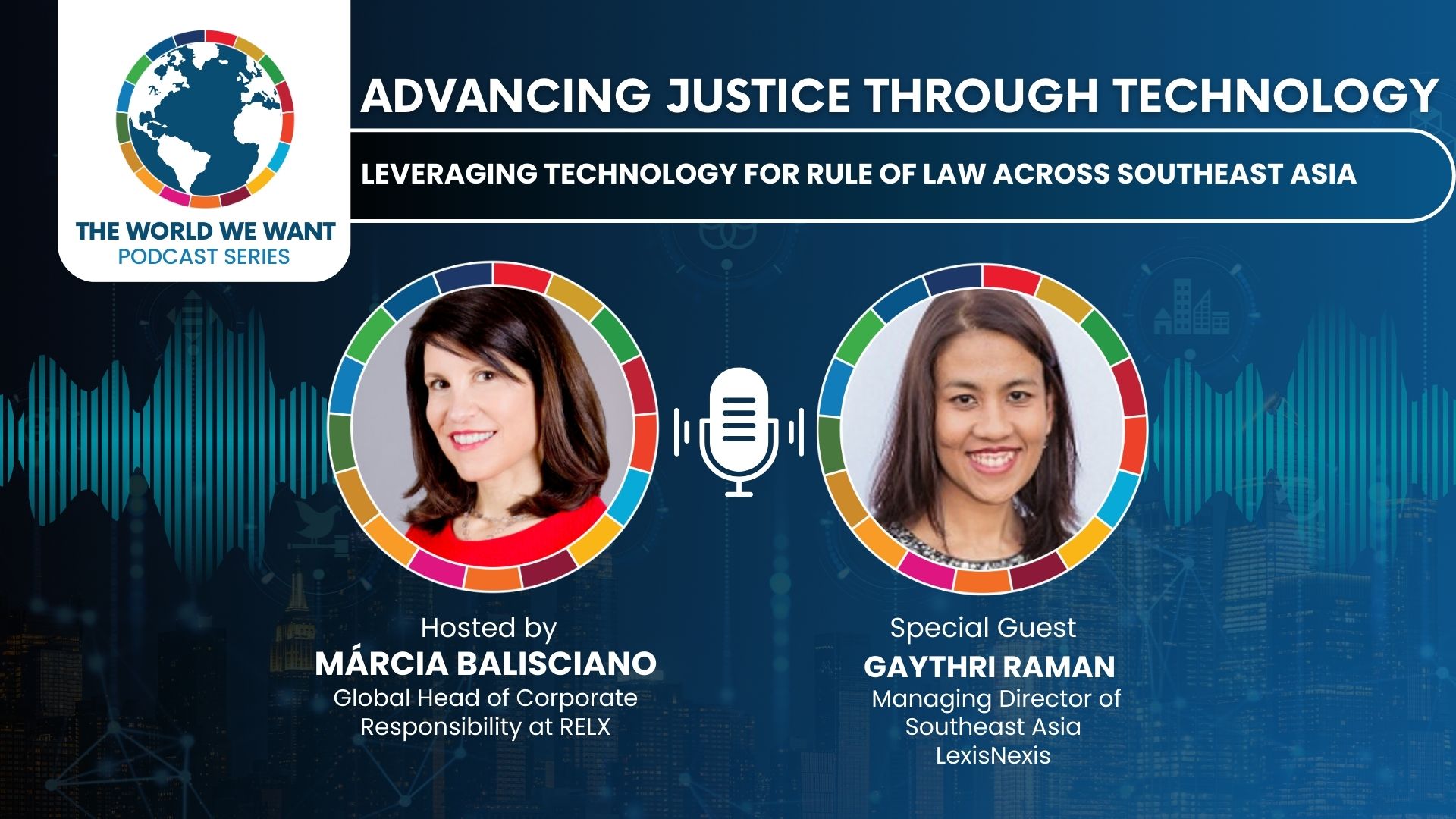 Image of podcast host and guest against a blue background with The World We Want logo