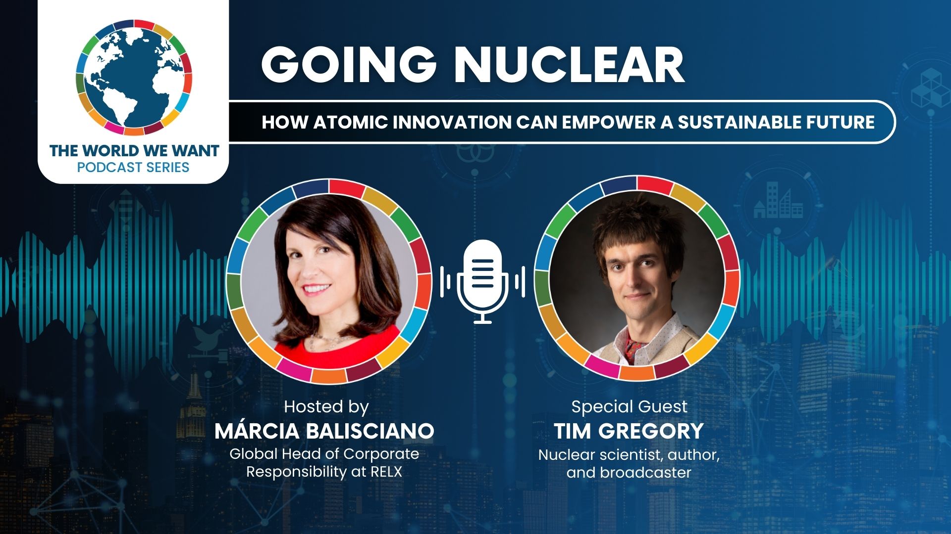 Image of podcast episode guests on a blue background with colourful SDG wheels